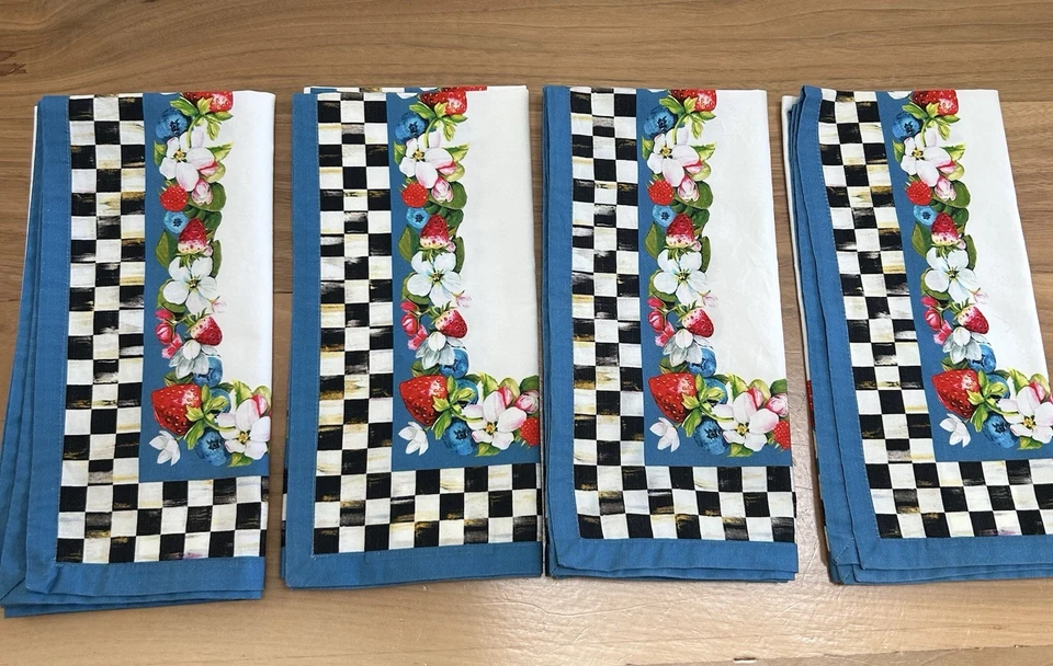 Mackenzie-Childs 20”x 20” Cotton Napkins (4) Berries And Flowers Courtly Check - Image 2 of 4