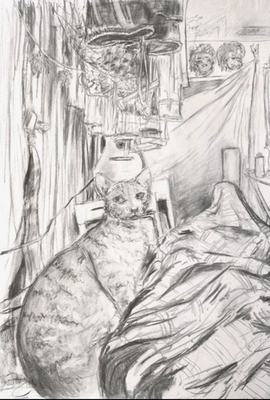 #ad 32 inch x 24 inch quot;Cat on Bedquot; Charcoal Drawing poster size by A. Avila $70.00