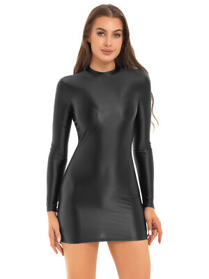 US Womens Glossy Bodycon Mini Dress Oil Shiny Sheer Pencil Dress Sexy Clubwear