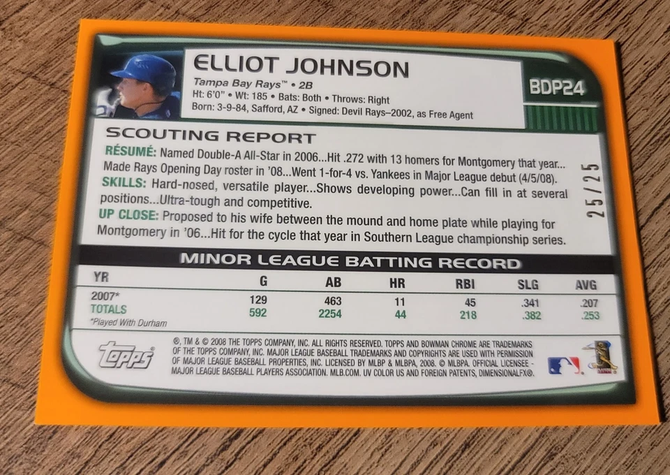 2008 Bowman Chrome Rookie Orange Refractor #ed/25 Elliot Johnson #BDP24 RAYS SP - Image 4 of 4