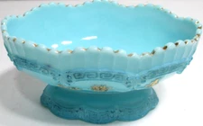 Antique Northwood Glass Berry Bowl Dish Chrysanthemum Sprig Blue Custard 5" L