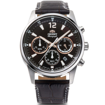 ORIENT Sports RN-KV0005Y Chronograph Quartz Watch Brown Dial Leather Band 41.8mm