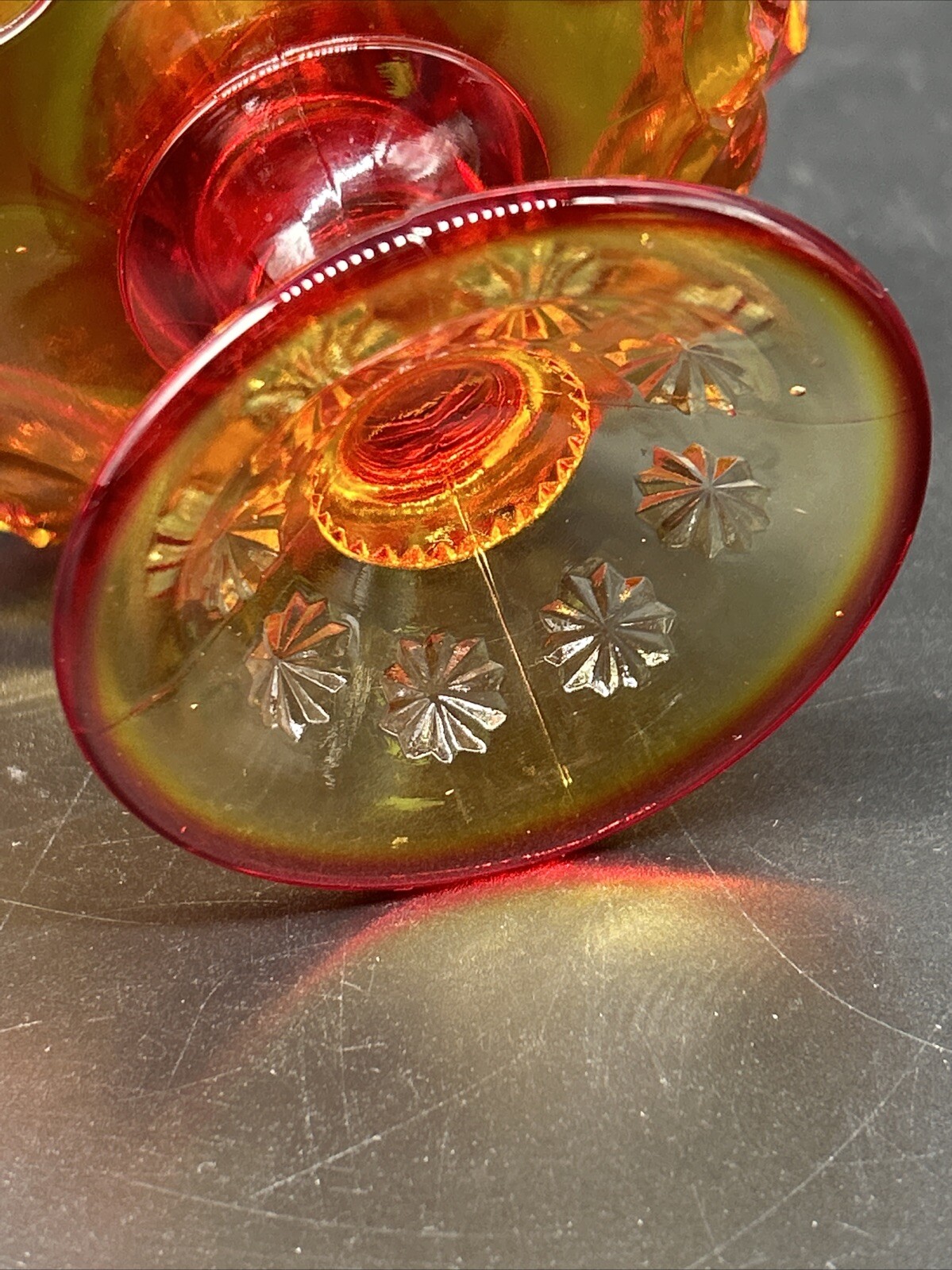 L.E. Smith Moon & Stars Ruby Red & Orange Amberina Candleholder Compote Bowl