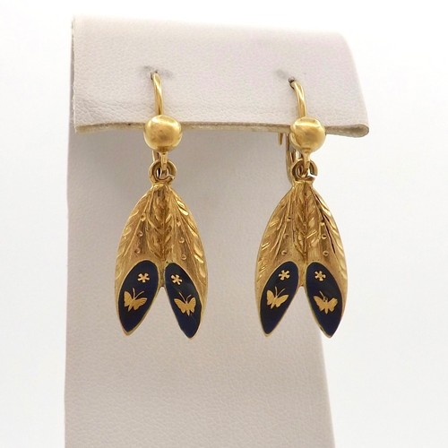 Solid 18k Gold Blue Enamel Butterfly Slippers Dangle Leverback Earrings Italy 6g - Picture 3 of 9