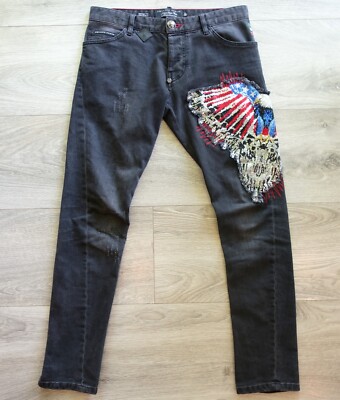 PHILIPP PLEIN JEANS W30 jean denim rhinestone eagle usa w 30 black grey straight