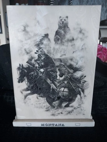 MONTANA MEMORABILIA: Bill O'Neill Etched Marble Art ORIGINAL “Trapper-Grizzly”