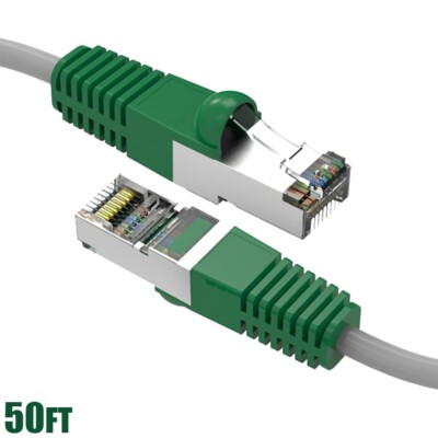 50FT Cat5E RJ45 Network Ethernet FTP Shielded Crossover Cable Copper Green Boot