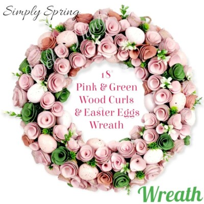 Easter Wreath Pink & Green Wood Curls w/ Easter Eggs | 18'' Diameter
