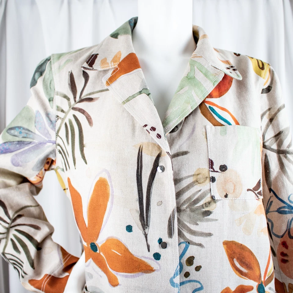 LAFAYETTE 148 New Tan Multicolor Floral Leafs Linen Women Jacket Coat Size L - Image 2 of 4