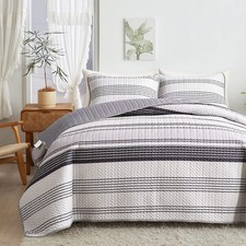 Grey Boho Quilt Set Full Queen Size, 3 Pcs Gray Black and Navy Striped Bedspr...