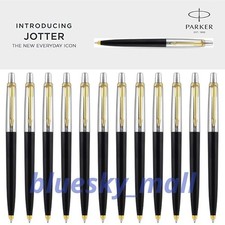 12 X Parker Jotter Standard Black Barrel Gold Clip Ballpens, Black  Medium Ink