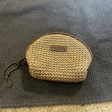 Rosetti Vintage mini coin pouch purse zip up tan beige woven wicker /keychain