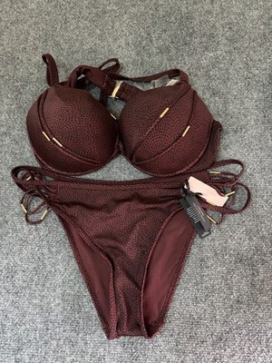 NWT Victoria's Secret Swim Archives Bikini Set 38C Bottom L Brown Shimmer PushUp