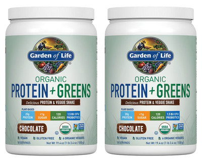 Pack 2 Garden of Life Organic Protein Greens Powder, CHOCOLATE, 19.4oz, 04/09/27
