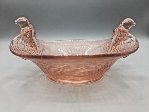 1940s Fenton Pink Bird’s Nest Depression Candy Dish Flying Bird Handles Vintage