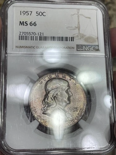 MS66 Lightly Toned 1957 Franklin Silver Half Dollar NGC MS66