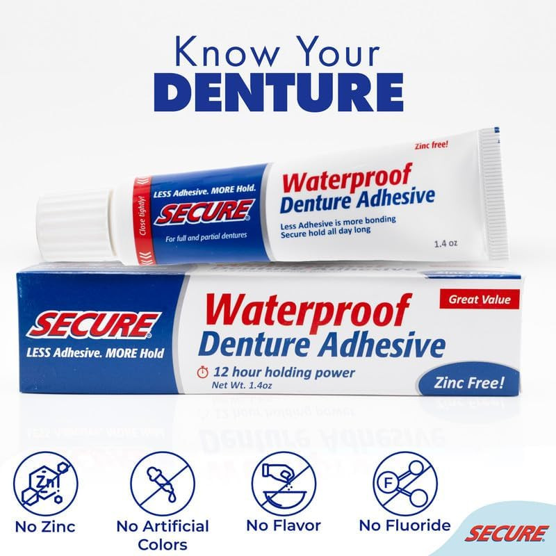 Secure Waterproof Denture Adhesive - Zinc Free - Extra Strong 12 Hour Hold - 1.4