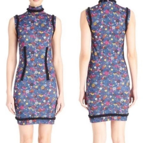 $575 Kenzo Tanami mini abito floreale bodycon finto collo in blu anatra S
