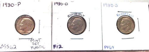 1980-P MINT STATE / 1980-D FINE / 1980-S HIGH END PROOF ROOSEVELT DIMES