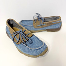Twisted X Youth 4.5M Driving Mocs Lace Up Blue Denim Canvas Brown Leather Shoes