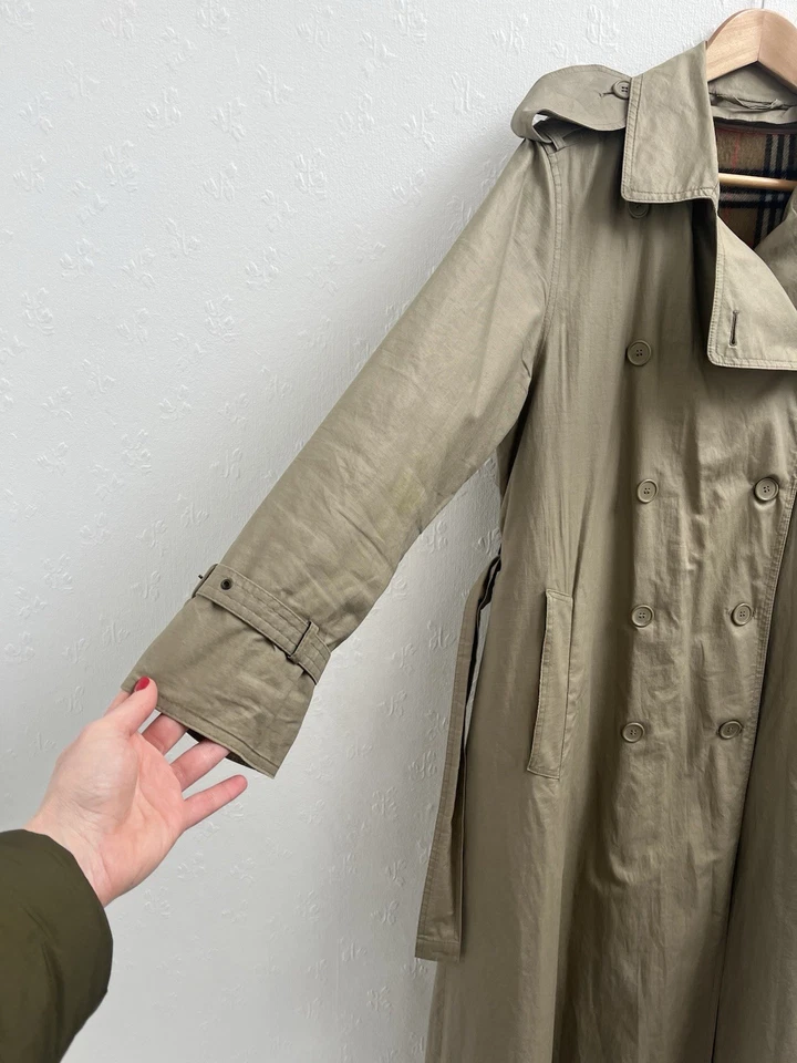 Beige Trench Coat Tie Belt Pockets Removable Fleece Check Lining Cotton UK 10/12 - Image 2 of 4