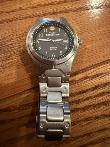 Vintage Timex Expedition Watch Men Silver Tone Indiglo 50M Date Black Dial