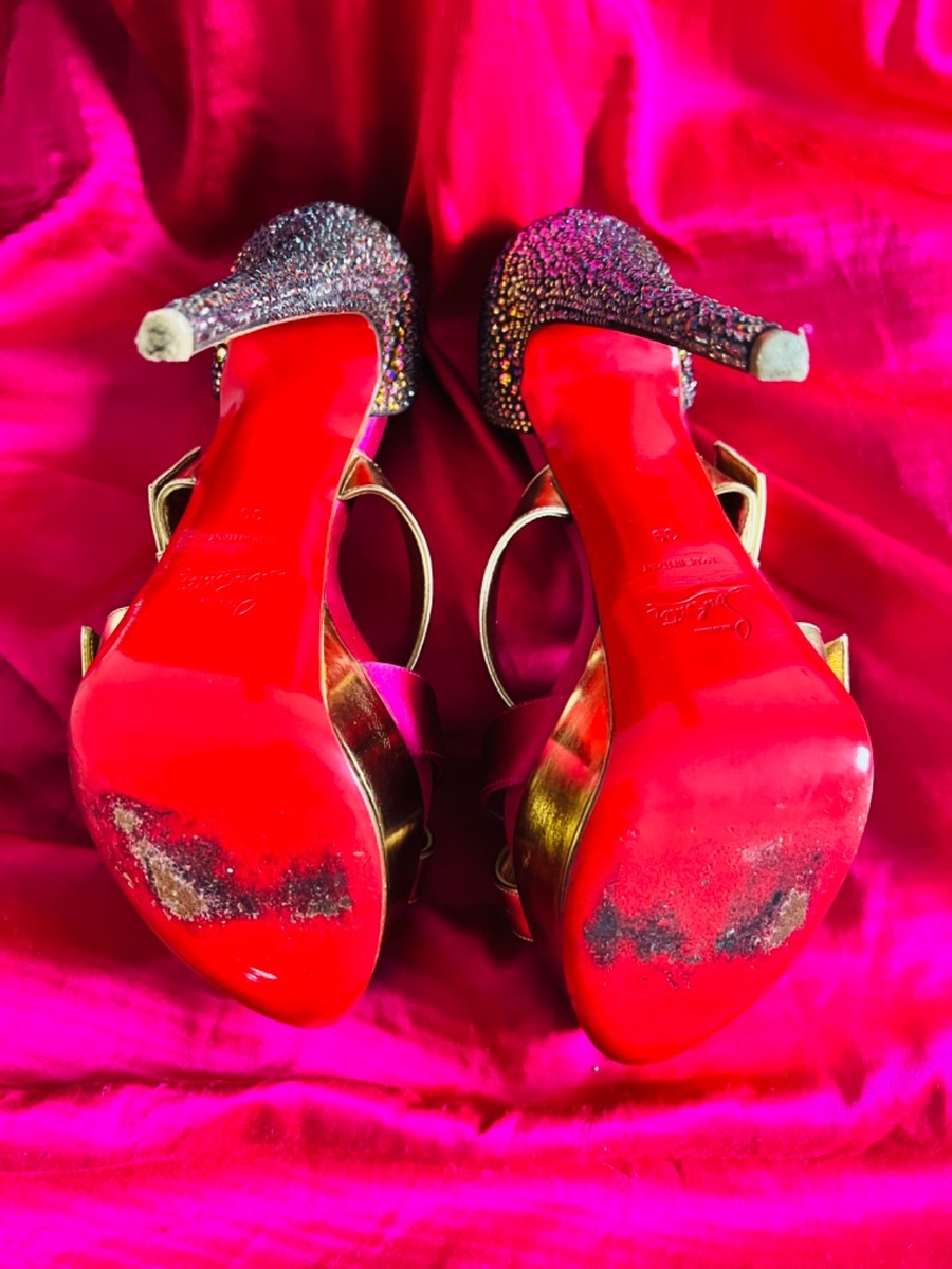 Christian Louboutin Ambertina fuchsia gold heels w/Swarovski