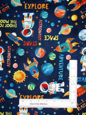 Space Astronaut Rocket Fabric Planet Sun Blast Off Cotton Blank Textiles Yard