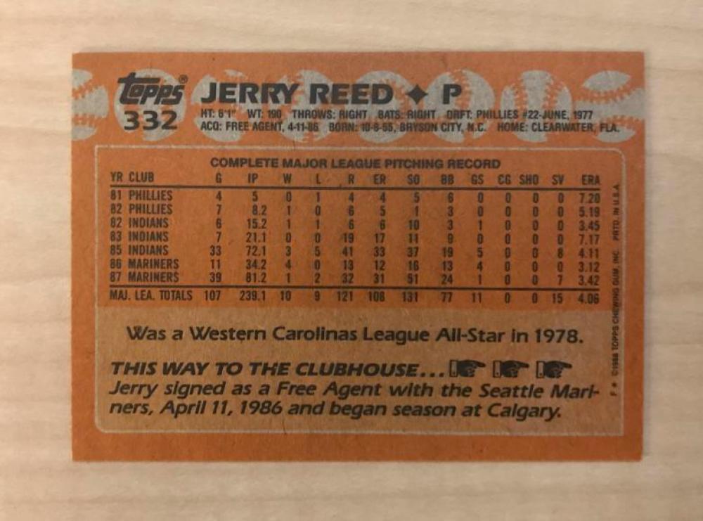 JERRY REED SEATTLE MARINERS SIGNED AUTOGRAPHED 1988 TOPPS CARD #332 W ...