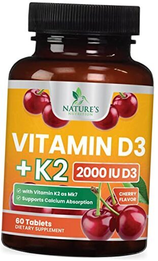 Vitamin D3 K2, Chewable Cherry D3 2000 iu Plus K2 (MK-7) 60 Count (Pack of 1)
