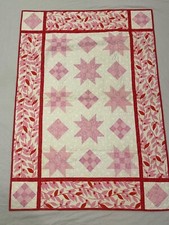Star and Diamond Design Quilt Handmade Hand Stitched 41x58" Pink Cream Red