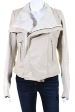 June Womens Leather Asymmetric Full Zip Ribbed Trim Jacket Beige Size M