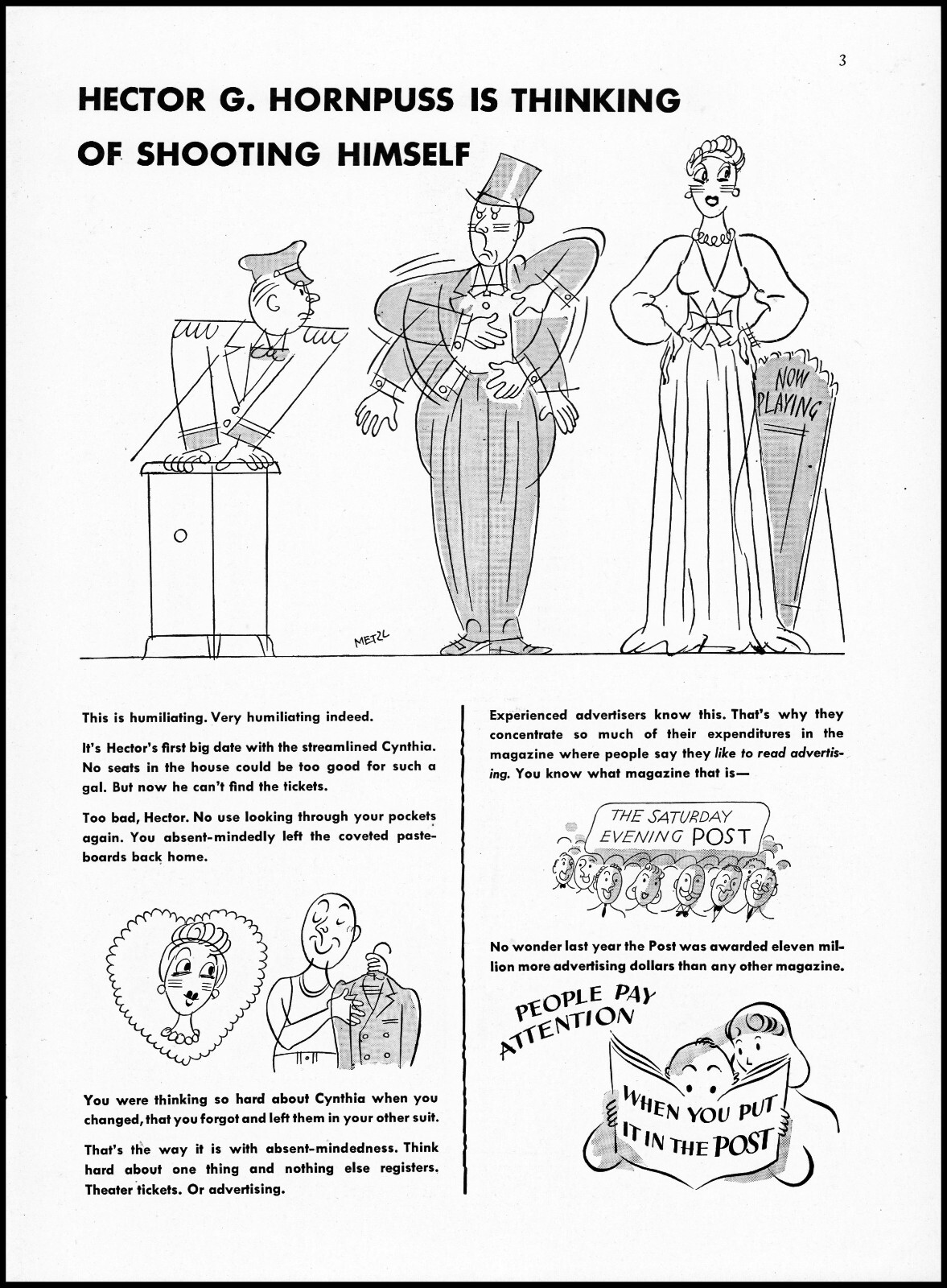 1940 Ervine Metzl art Hornpuss Saturday Evening Post promo vintage