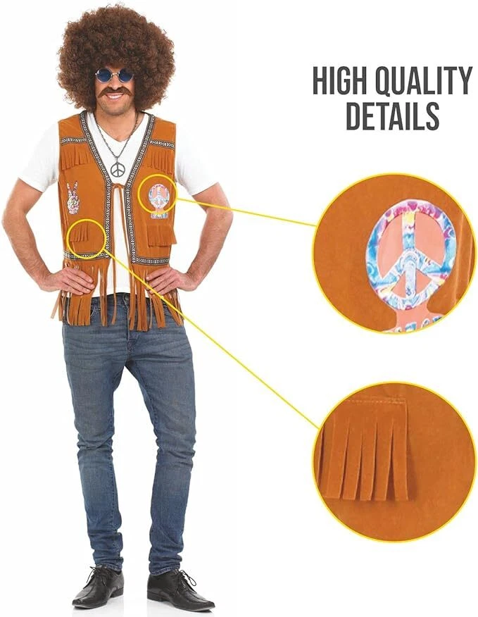Chaleco con flecos marrón para hombre años 60 para adulto disfraz hippie M L XL Halloween Foto 4 de 4