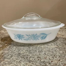 Vintage Glasbake by Jeannette Blue Thistle 1 Qt Casserole Dish with Lid Oval USA