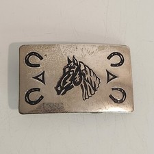 Vintage Metal Horse Head Horseshoe Chambers Made in USA Belt Buckle