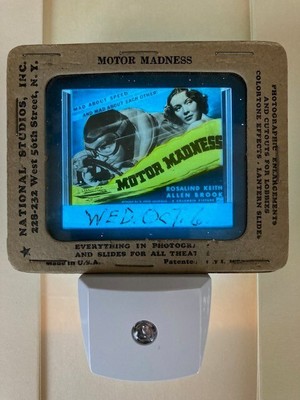 '' Motor Madness ''w/ Joseph Allen & Rosalind Keith NIGHT LIGHT 1937 glass slide 
