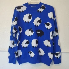Aelfric Eden Sz XL Knit Sweater Sheep All Over Three Black Sheep Royal Blue