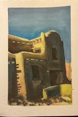Adobe Building Style In Santa Fe, NM Gouache Color On Paper 9x12 Inches Reprint