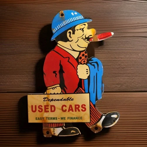 Vintage Used Cars Porcelain Sign Dealership Ford Chevrolet Dodge Toyota Gas Oil