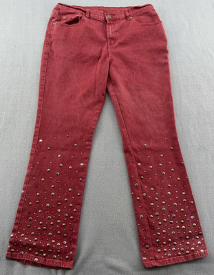 Diane Gilman Pants Womens Size 10 Red Studded Denim Stretch Boot Cut