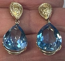 14kt Yellow Gold Stud Back Pear Shape Blue Topaz Earrings 6 CTW each