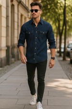 Mens Denim Shirt 100% Cotton Pocket Long Sleeve Casual Button Down Shirt Top