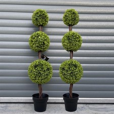 Topiary Trees Pair Green 120cm Triple Ball Boxwood with Real Wood Trunks Potted