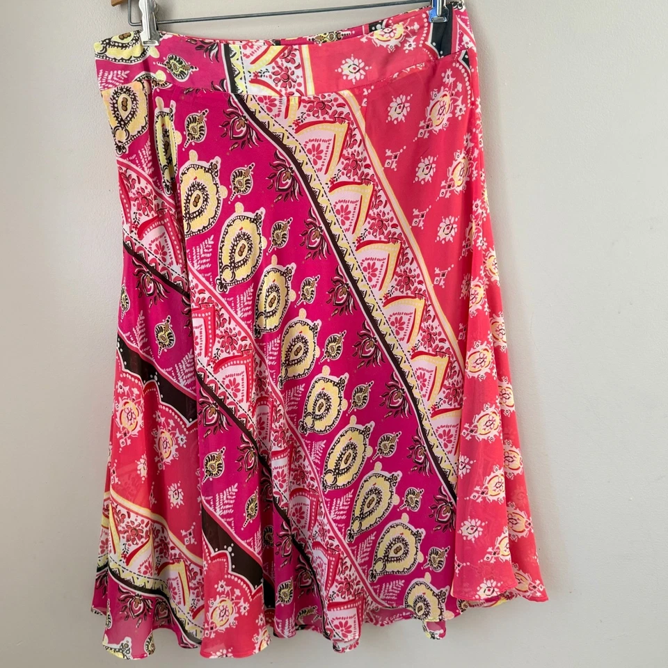 Falda midi Grace Elements estampado cachemir boho rosa amarillo para mujer talla 12 hippie Foto 3 de 4