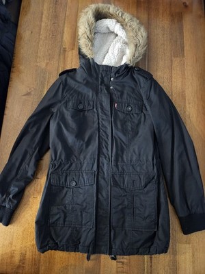 Levi Strauss And Co Womens Black Long Sleeve Hooded Faux Fur Parka Jacket Size M