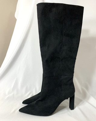 Mango MNG Suede Boots Womens 37 Black Knee High Slim 3'' Heel Pointy Toe READ