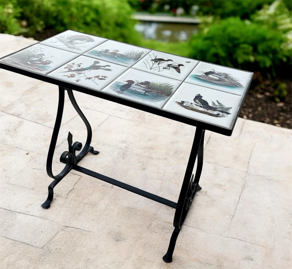 Antique Wrought Iron Small Side Table w/ Birds Ducks Geese Ceramic Tile Top - Image 3 of 4
