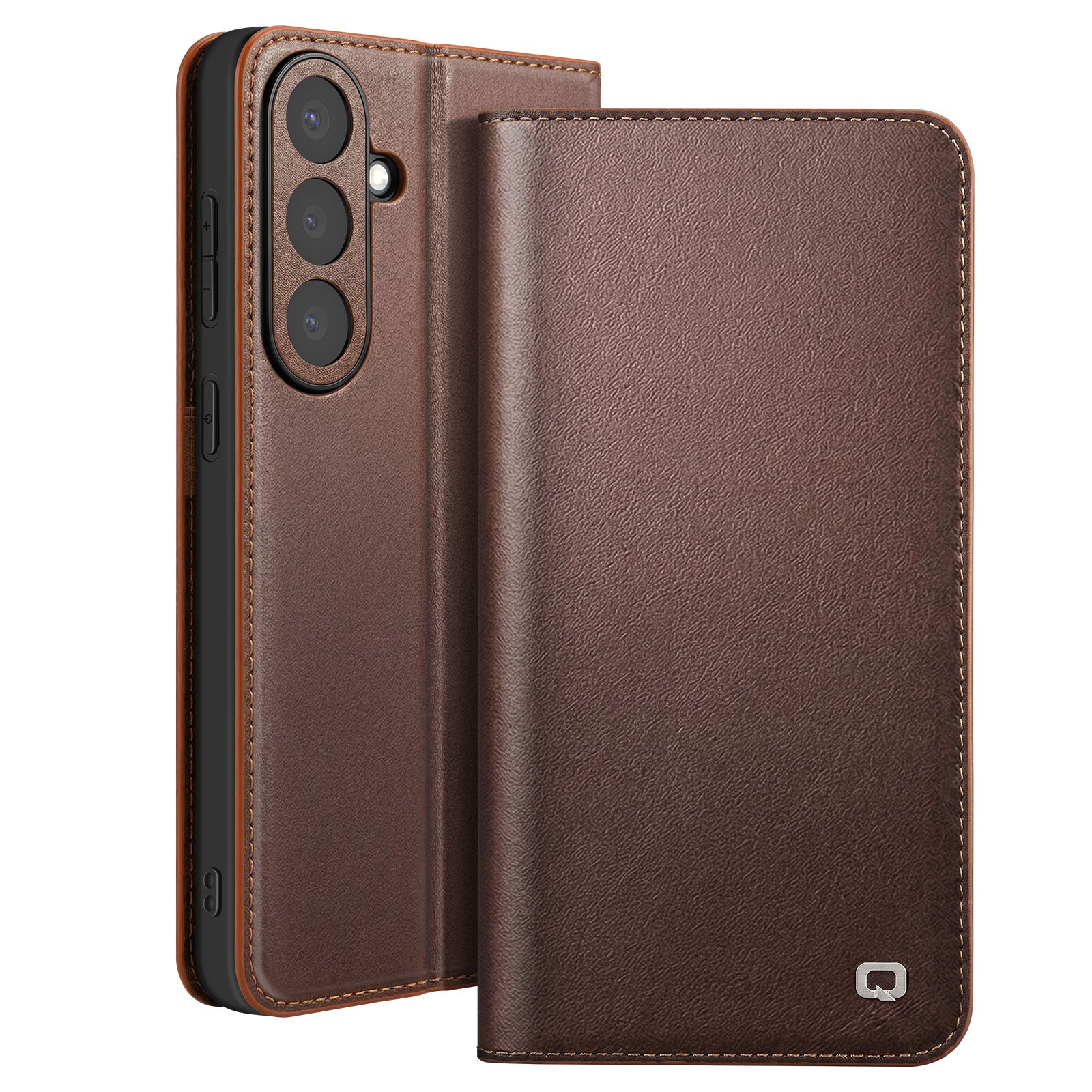 Étui portefeuille Galaxy S26 Plus marron en cuir mat avec support Qialino