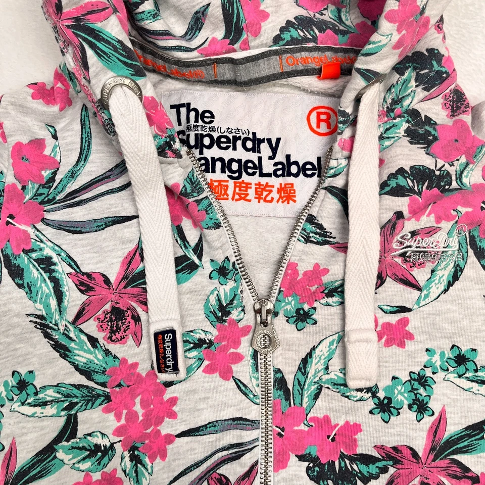 SUPERDRY GRUESO Rosa Tropical Cremallera Completa Sudadera con Capucha Talla S Naranja Etiqueta Acogedora Cálida Y2k Foto 3 de 4